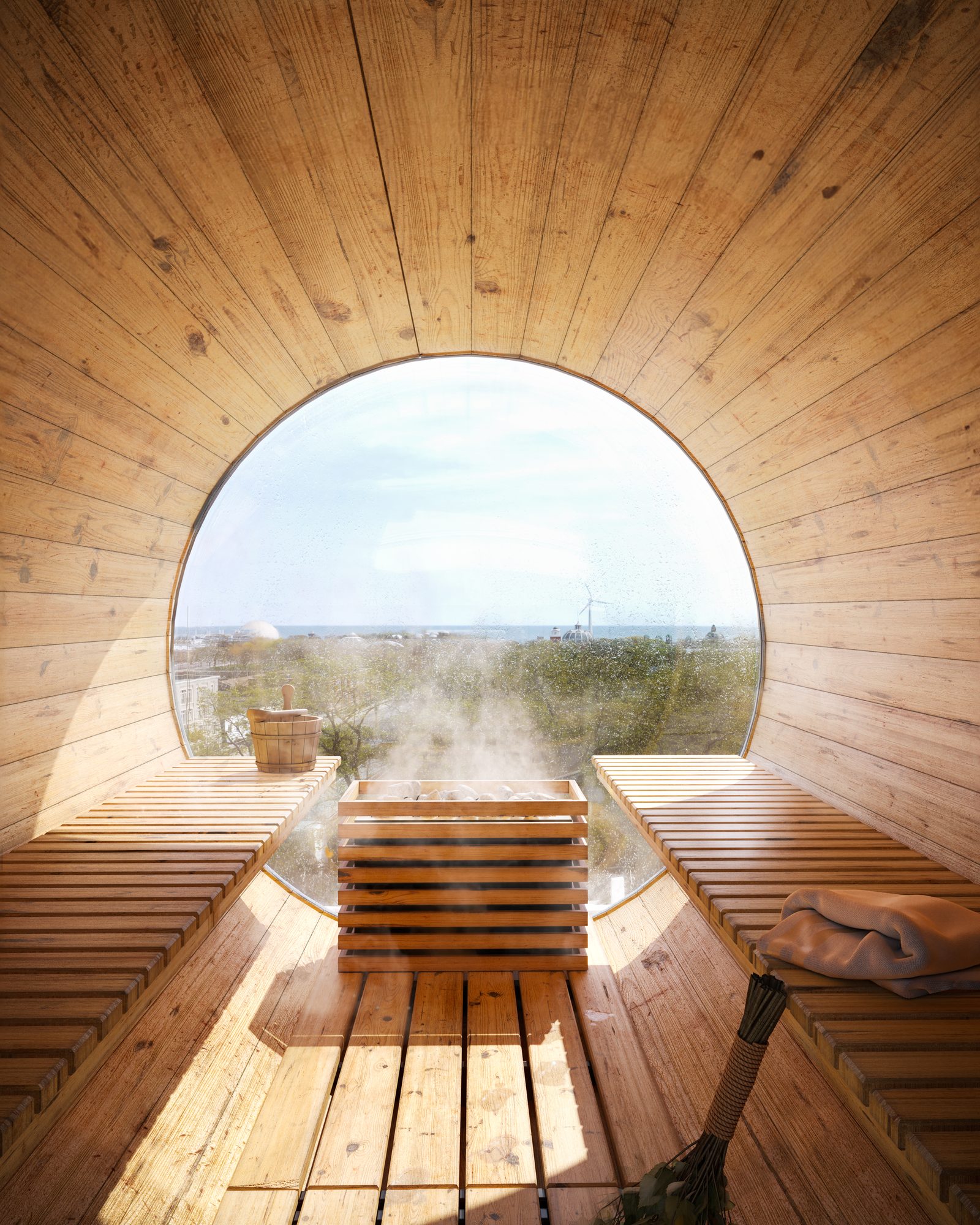 Rooftop sauna facing the lake