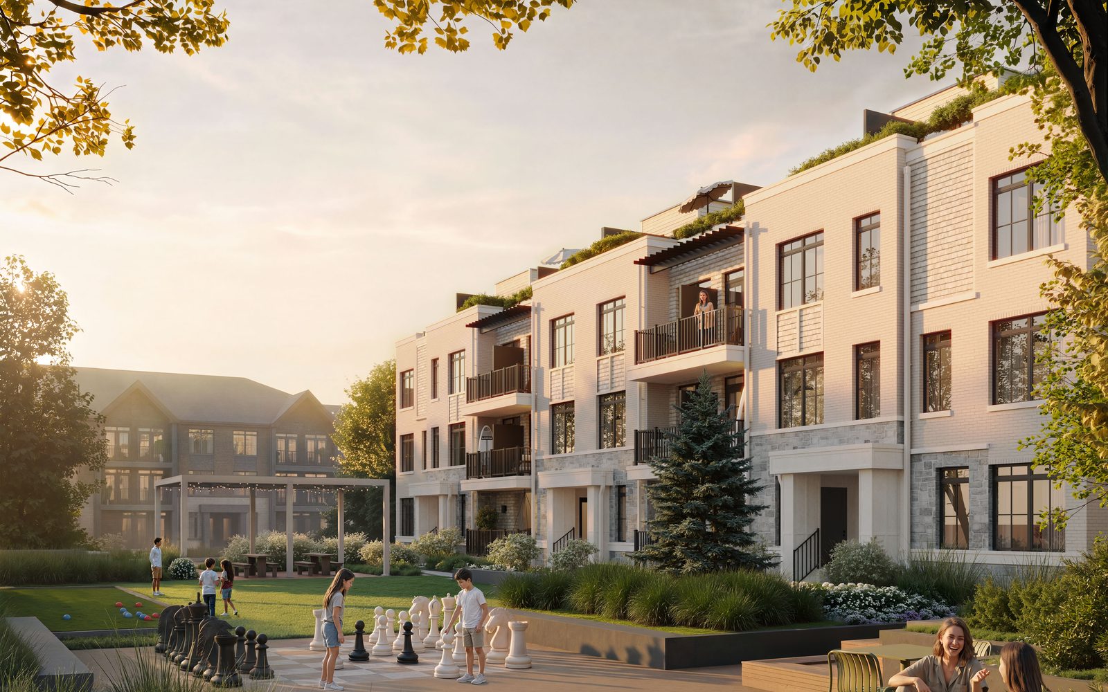 The courtyard and park side of the community
