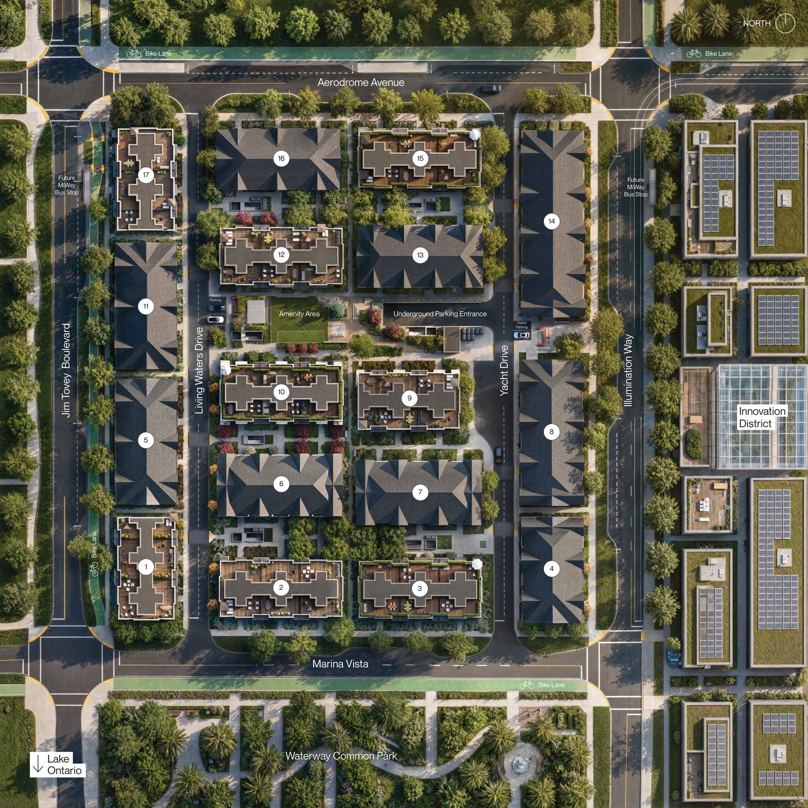 South Banks site plan showing 17 townhome blocks in Lakeview Village
