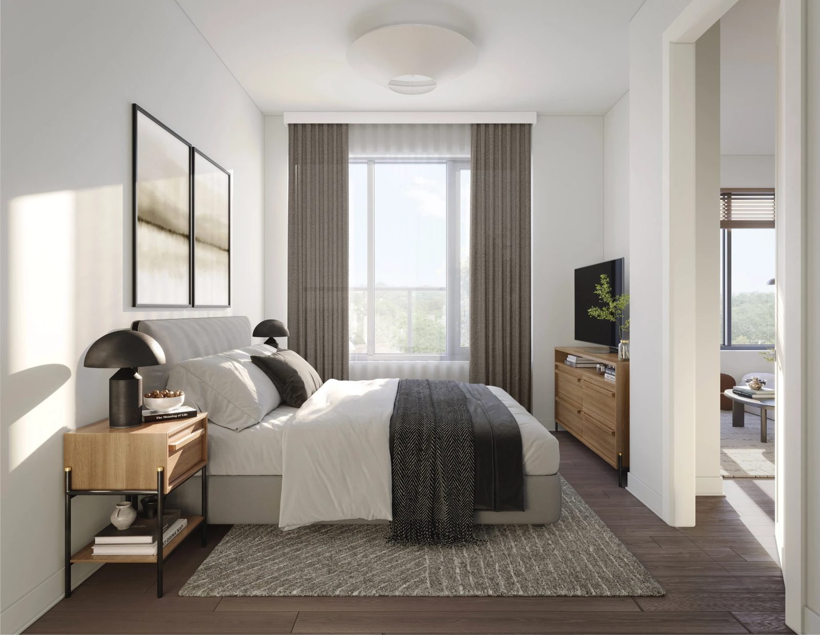 The Flats: primary bedroom with balcony view