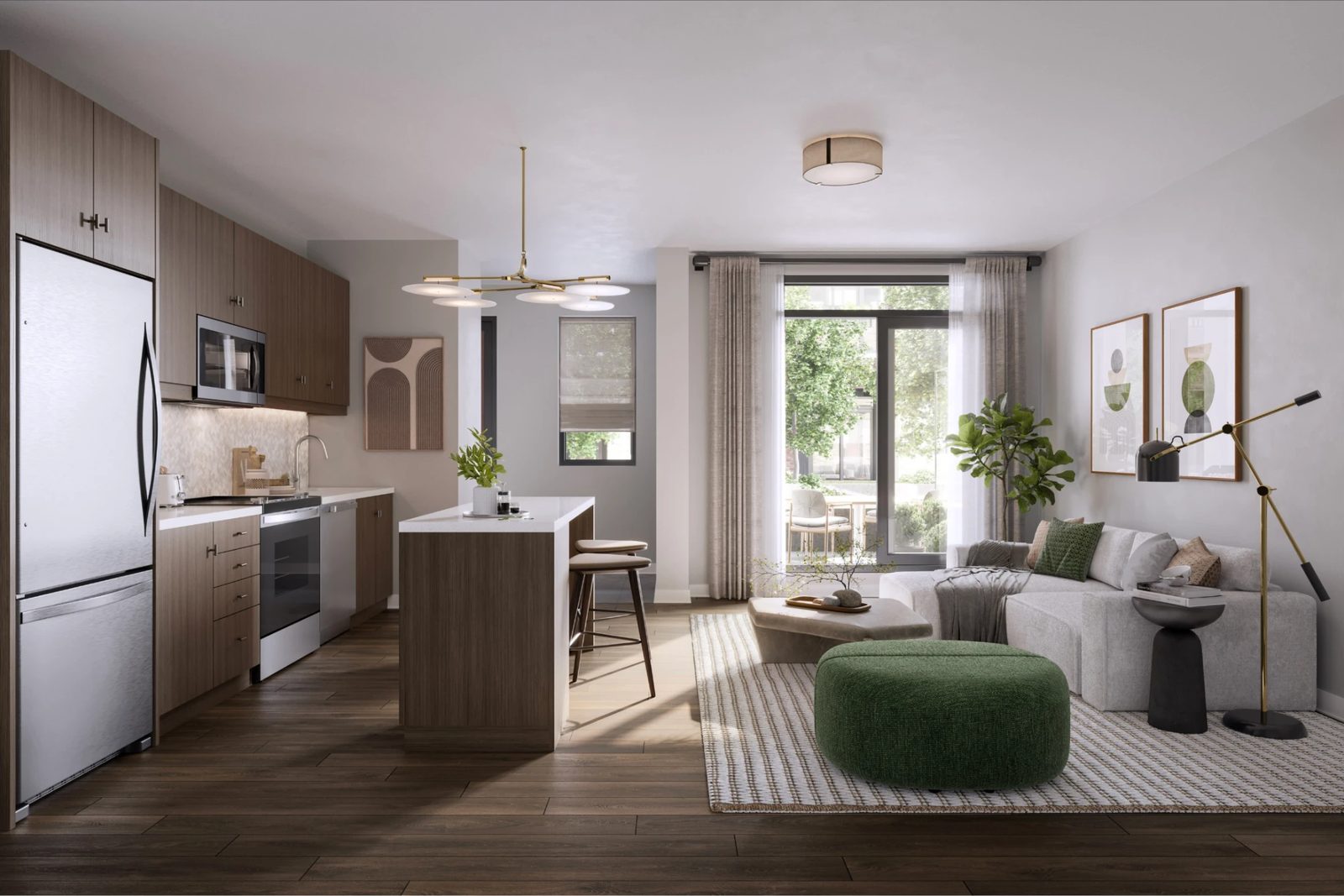 The Garden Towns: kitchen and living, opening to the patio