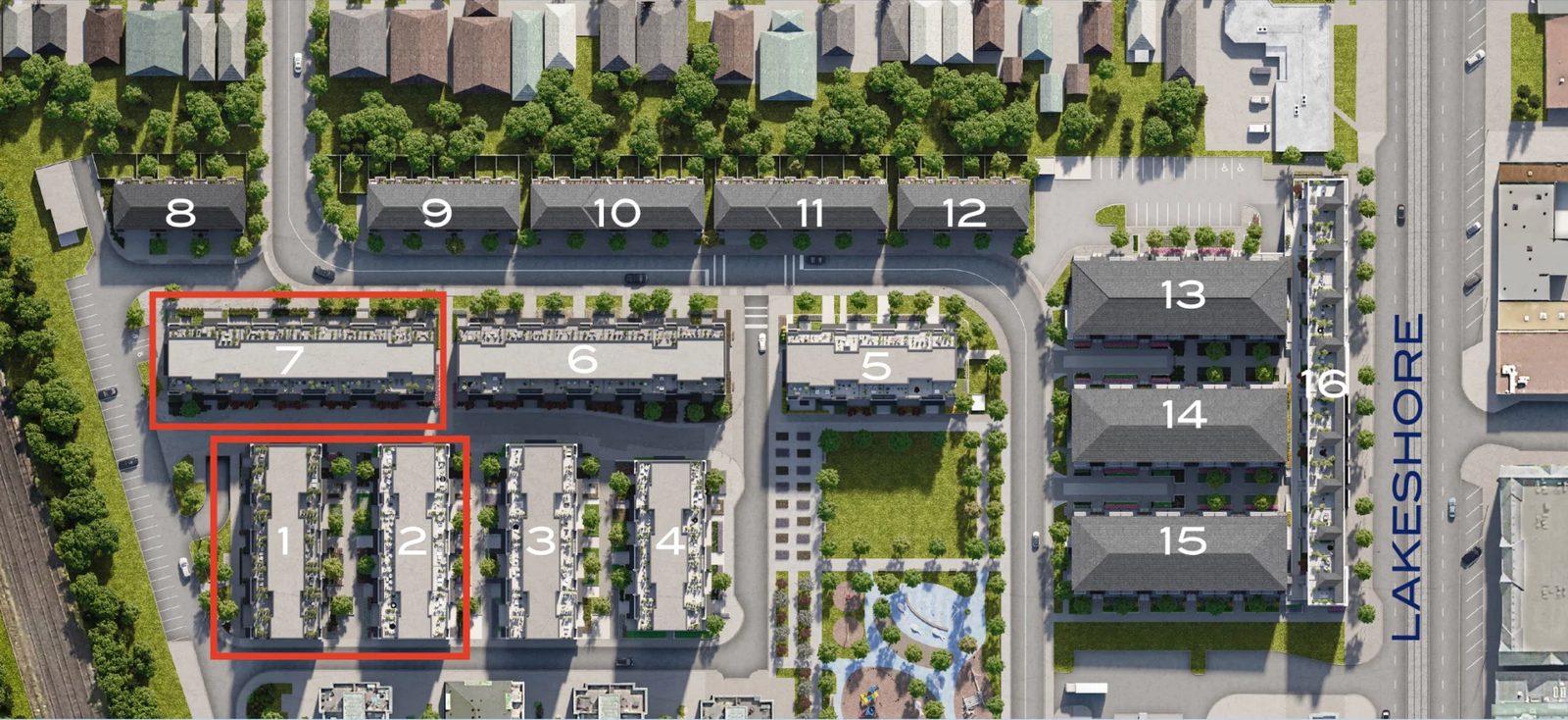 Westshore Phase 1 site plan with blocks 1 to 16 numbered, Lake Shore Blvd W on the right